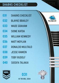 2022 NRL Traders #031 Cronulla Sharks Checklist Back